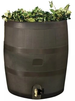 Round Rain Barrel With Planter, 35 Gallons -Garden Pot Planter Sales Store 8612856WALNT 01V tif